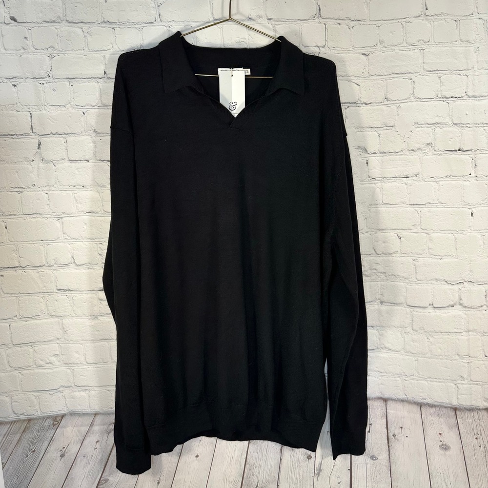 NEW Collars & Co Mens XXXL Black 100% Merino Wool Long Sleeve Polo Sweater